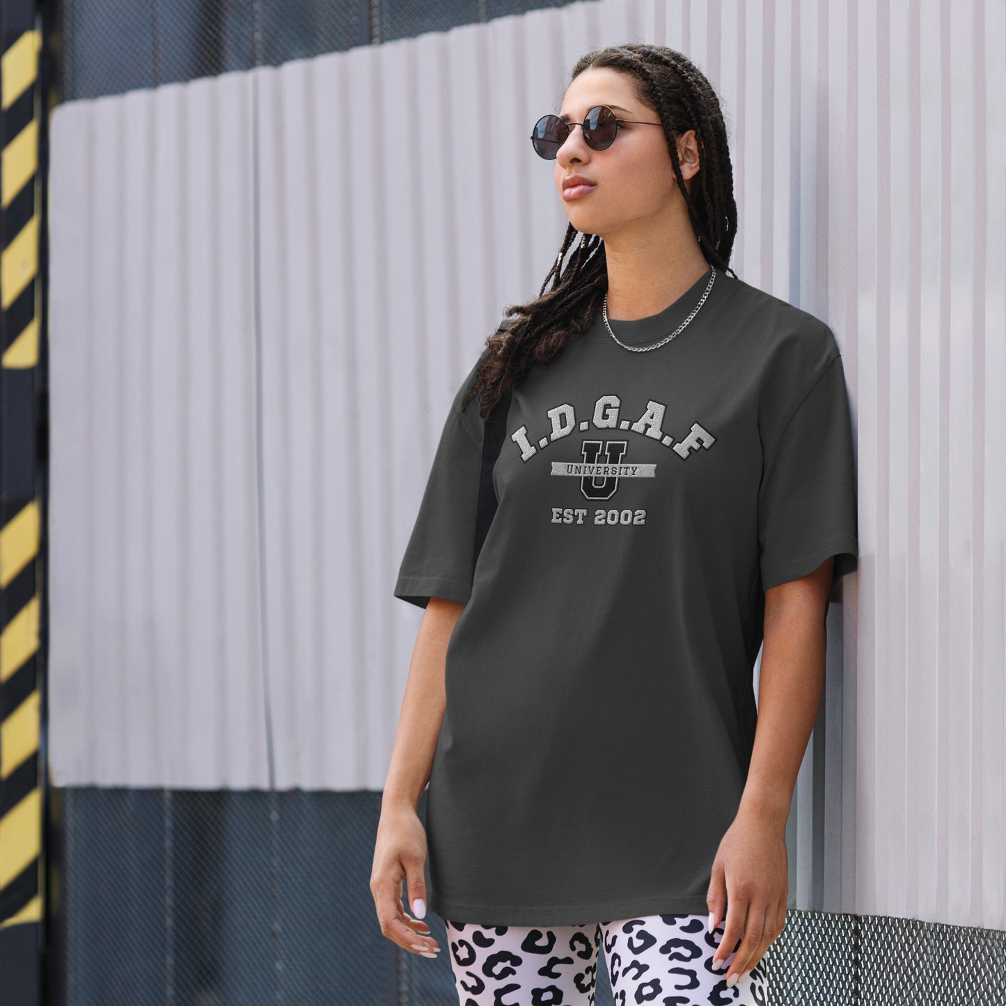 IDGAF University Embroidered Faded Oversized Tee