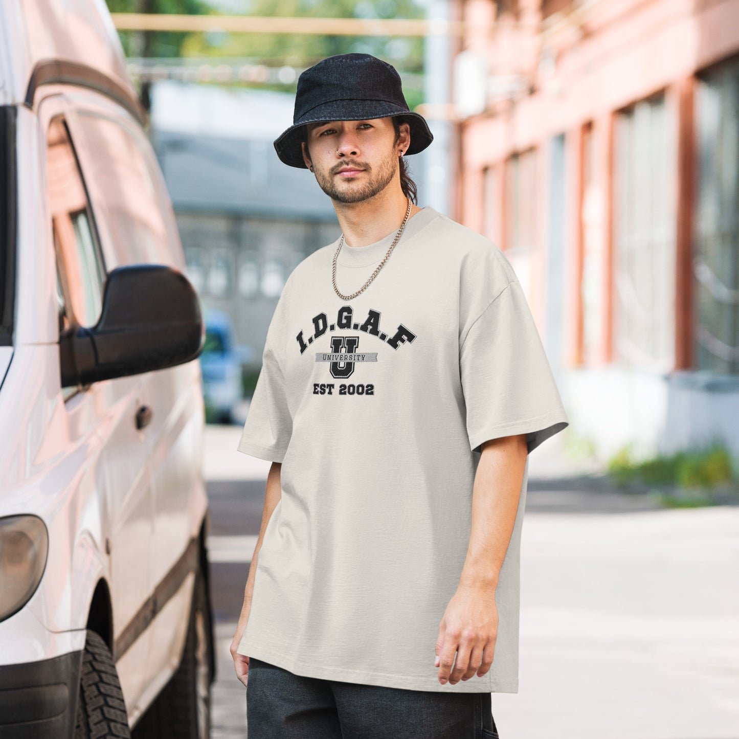 IDGAF University Embroidered Faded Oversized Tee